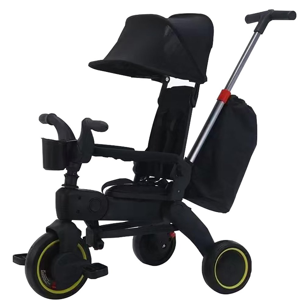 Black,JIYIAN Children's Folding Tricycle Multifunction Three Wheels W/Removable Push Handle,Canopy,Safety Harness,Storage Hanging Bag,Bike for Toddlers