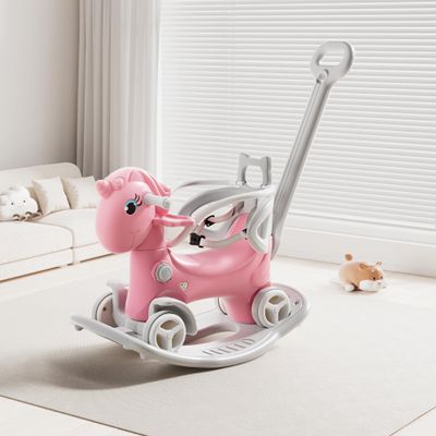 Runboll 4 in 1 Rocking Horse for Toddlers, Baby Rocking Toy with Push Handle, Backrest & Detachable Balance Board, Riding Horse Toy for Baby Girl and Boy, 1-3 Years Old Kids Riding Birthday
