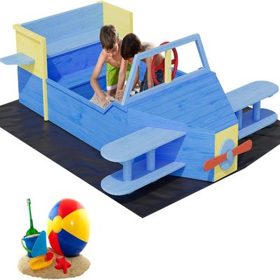 Airplane Wooden Sandbox - Imaginative Sky Voyage Adventure,Innovative Drainage System with Liner,Kids Sandpit for Ages 3-8 for Beach, Patio, Backyard