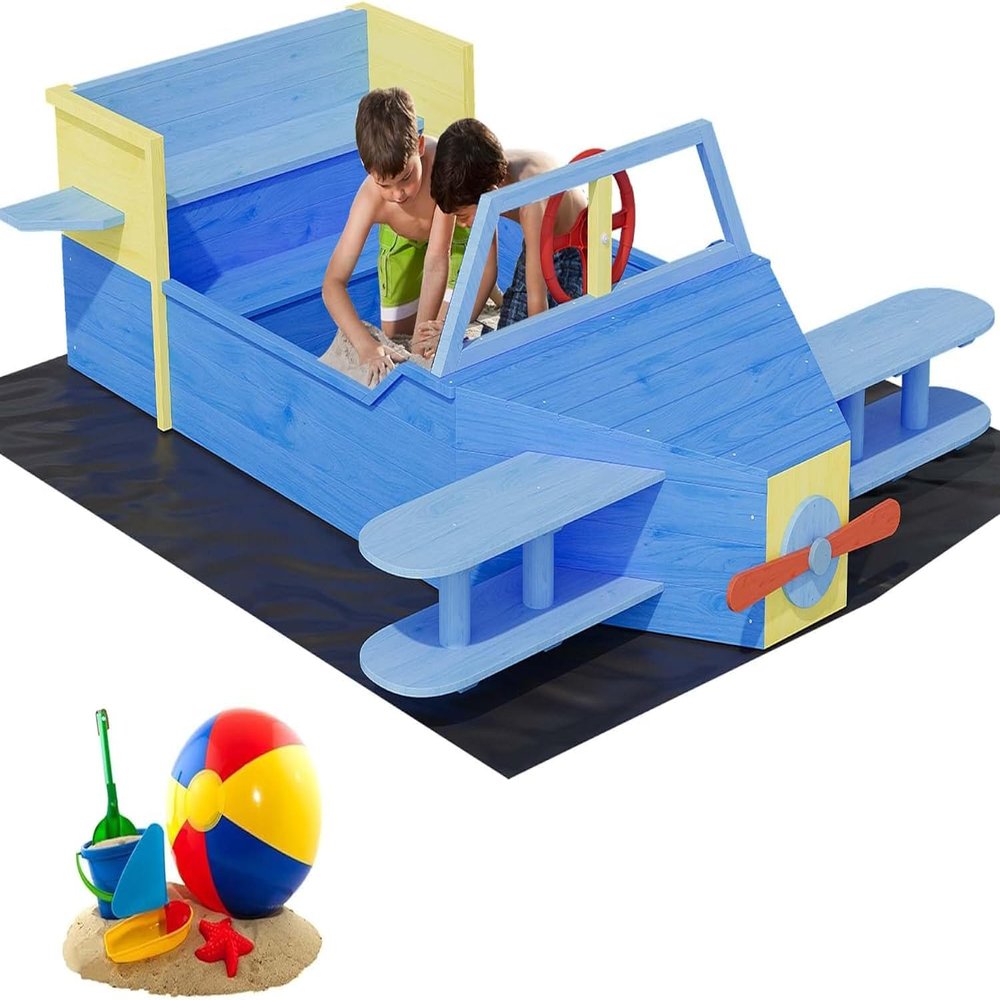 Airplane Wooden Sandbox - Imaginative Sky Voyage Adventure,Innovative Drainage System with Liner,Kids Sandpit for Ages 3-8 for Beach, Patio, Backyard