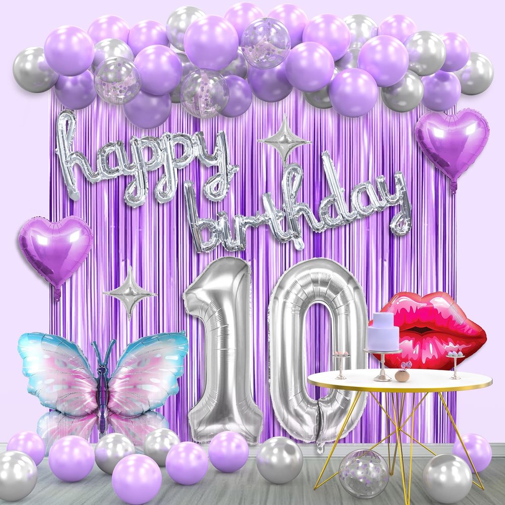 10th Birthday Decorations for Girls -Lavender Purple Silver Butterfly Happy 10th Birthday Decor Set with Banner, Number 10 Balloons, Balloon Arch Kit for 10 years old Bday Party