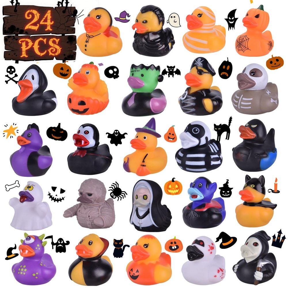 24 Pcs Halloween Rubber Ducks with Bag, Assorted Duckies in Skeleton Pumpkin Witch Ghost Vampire Styles, Bulk Party Favors Basket Stuffers, Bath Toys, Exchange Gifts for Girls Boys