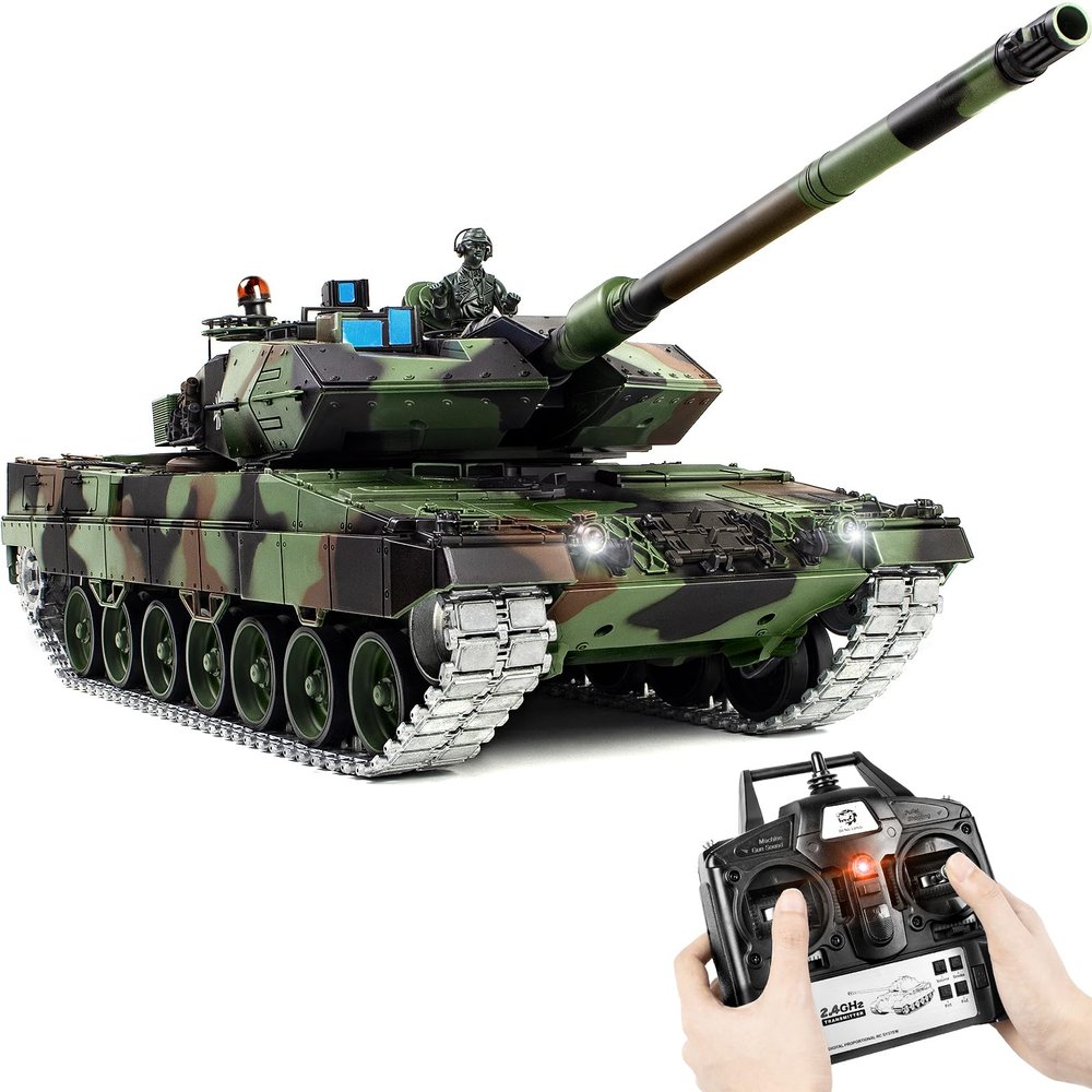 1/16 RC Tank, Heng Long German Leopard 2 A6 RC Battle Army Toy with Smoke, Sound, Light, 2.4G Remote Control Tank That Shoots BBS with Upgraded Metal Tracks, Idler, Sprocket Wheel, Steel Gearbox