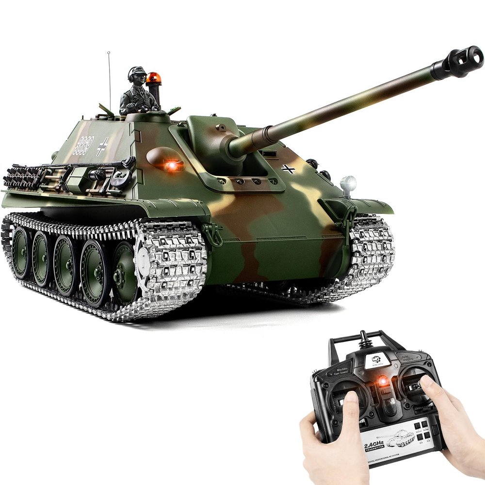 1/16 RC Tank, Heng Long German Jagdpanther Army Toy with Smoke, Sound, Light, 2.4G Remote Control Tank That Shoots with Upgraded Metal Tracks, Idler and Sprocket Wheel, Steel Gearbox, Two Batteries