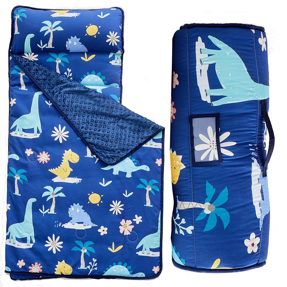 Toddler Nap Mat with Pillow and Fleece Blanket,Ultra Soft Portable Slumber Bags for Girls,Kids Sleeping Bags with Rollup Design, Perfect for Preschool,Daycare,Kindergarten,-Dinosaur