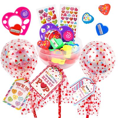 28 Pack Valentines Day Gifts for Kids Classroom Giant Lollipop Stationery Sets with Valentine Cards, Pencils, Erasers, Stickers, Rulers & Sharpeners, Cute Non-Candy School Exchange Party Favors