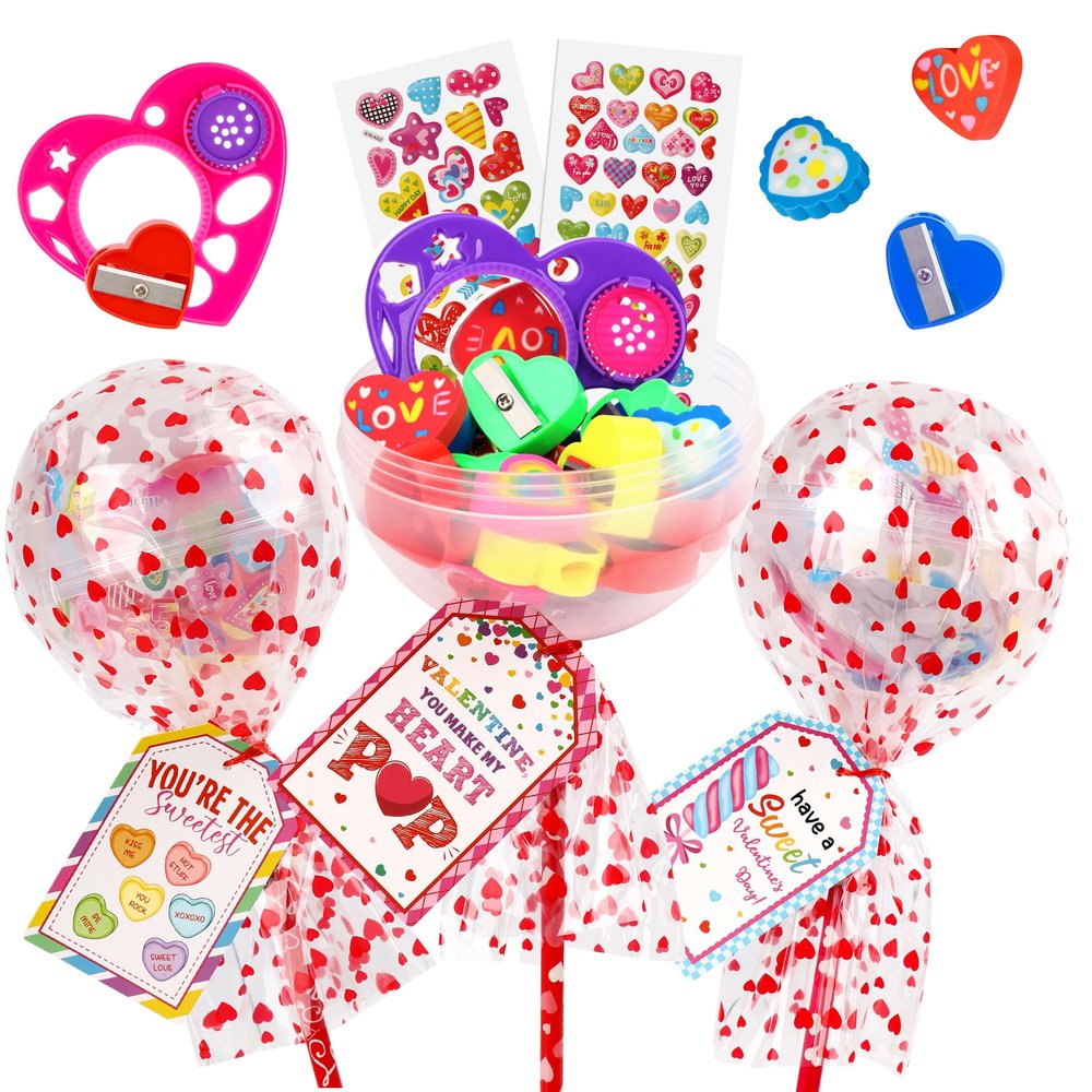 28 Pack Valentines Day Gifts for Kids Classroom  Giant Lollipop Stationery Sets with Valentine Cards, Pencils, Erasers, Stickers, Rulers & Sharpeners, Cute Non-Candy School Exchange Party Favors