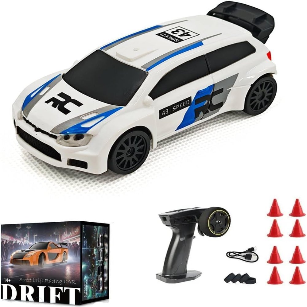 Aetheria 1/43 RC Drift Racing Car, 4WD Fully Proportional Mini Electric Race Vehicle with LED Lights Remote Control High Speed Car for Adult Outdoor - Ready to Run (White Blue)
