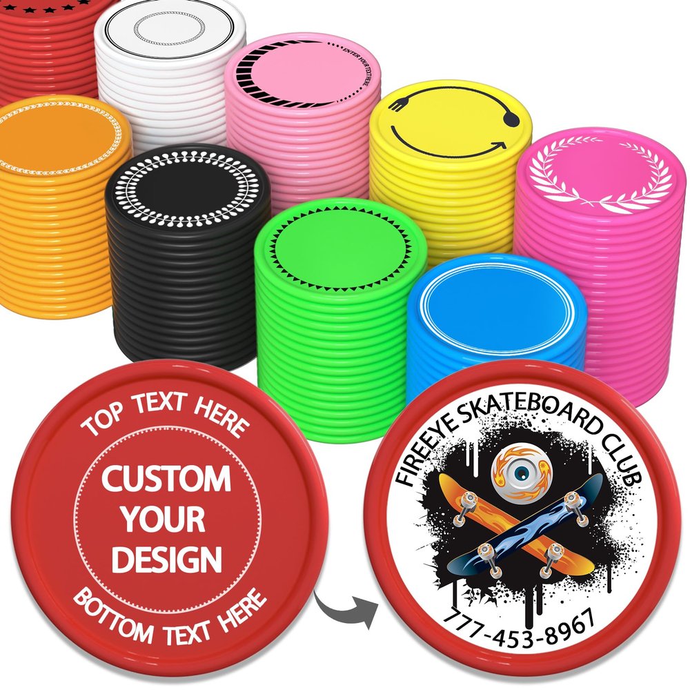 200-1000 Custom Plastic Poker Chips, Full Color Double-Sided Printed Drink Tokens, Customize Images/Logo/Text - 9 Vibrant Colors with Storage Case, Custom Tokens for Bar, Party, Events (Red)
