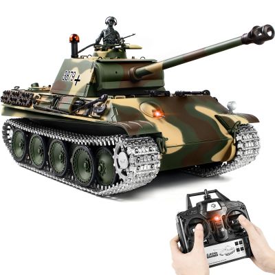 1/16 RC Tank, Heng Long German Panther Type G RC Battle Army Toy with Smoke, Sound, Lights, 2.4G Remote Control Tank That Shoot with Upgraded Metal Tracks, Idler and Sprocket Wheel, Steel Gearbox