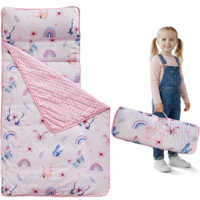 Toddler Nap Mat with Pillow and Fleece Blanket,Ultra Soft Portable Slumber Bags for Girls,Kids Sleeping Bags with Rollup Design,Perfect for Preschool,Daycare,Kindergarten,-Butterfly