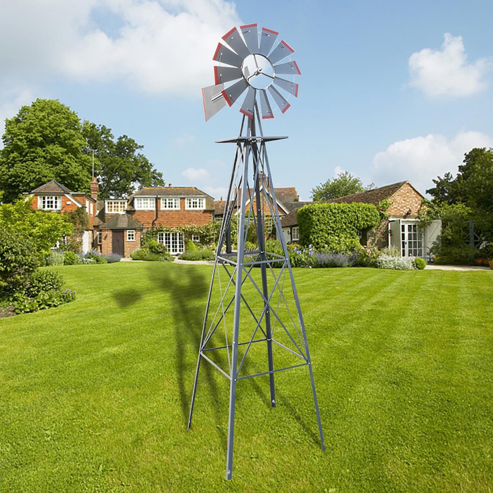 8FT Ornamental Windmill, Heavy Duty Metal Weather Vane Garden Decoration Weather Resistant Tower Outdoor Wind Spinner Farm Backyard Wind Mill for Yard and Garden, Gray & Red