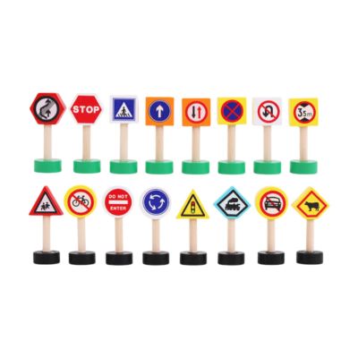 Guohetuk 16 Wooden Traffic Signs for Preschool Learning and Train Track Play, Style B