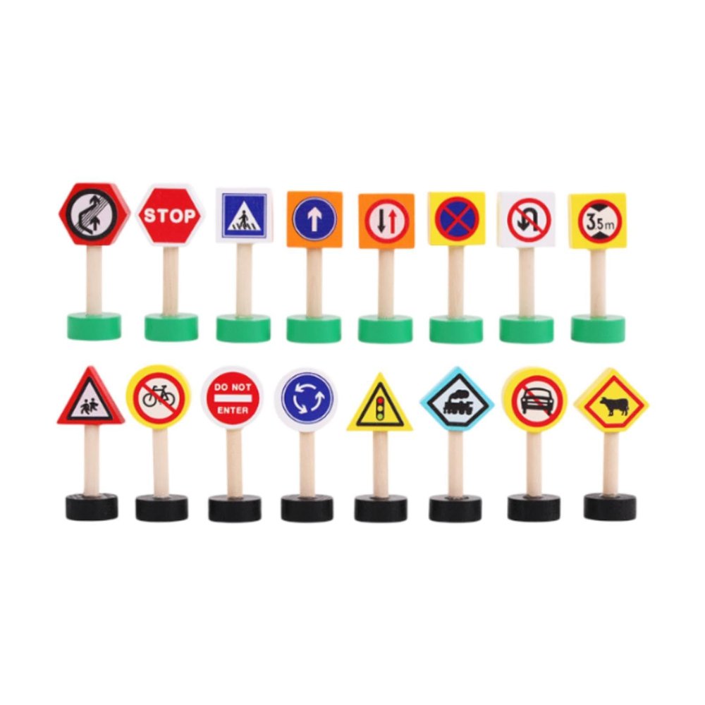 Guohetuk 16 Wooden Traffic Signs for Preschool Learning and Train Track Play, Style B