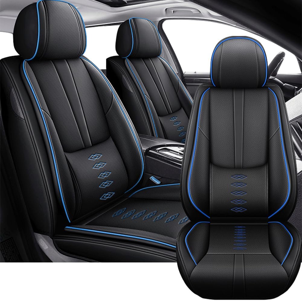 2 Front Car Seat Covers for Chrysler Voyager 2020-2024 Waterproof Seat Covers with Lumbar Support Nappa Leather Wear-Resistant Car Seat Cover for Chrysler VoyagerBlack&Blue-Standard