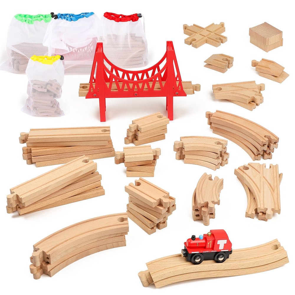 WudBudz Wooden Train Tracks 60 Piece Set, Track Expansion Accessories for Toddlers 3-5 - 100% Compatible with All Major Brands Including Thomas & Brio Wooden Railway System