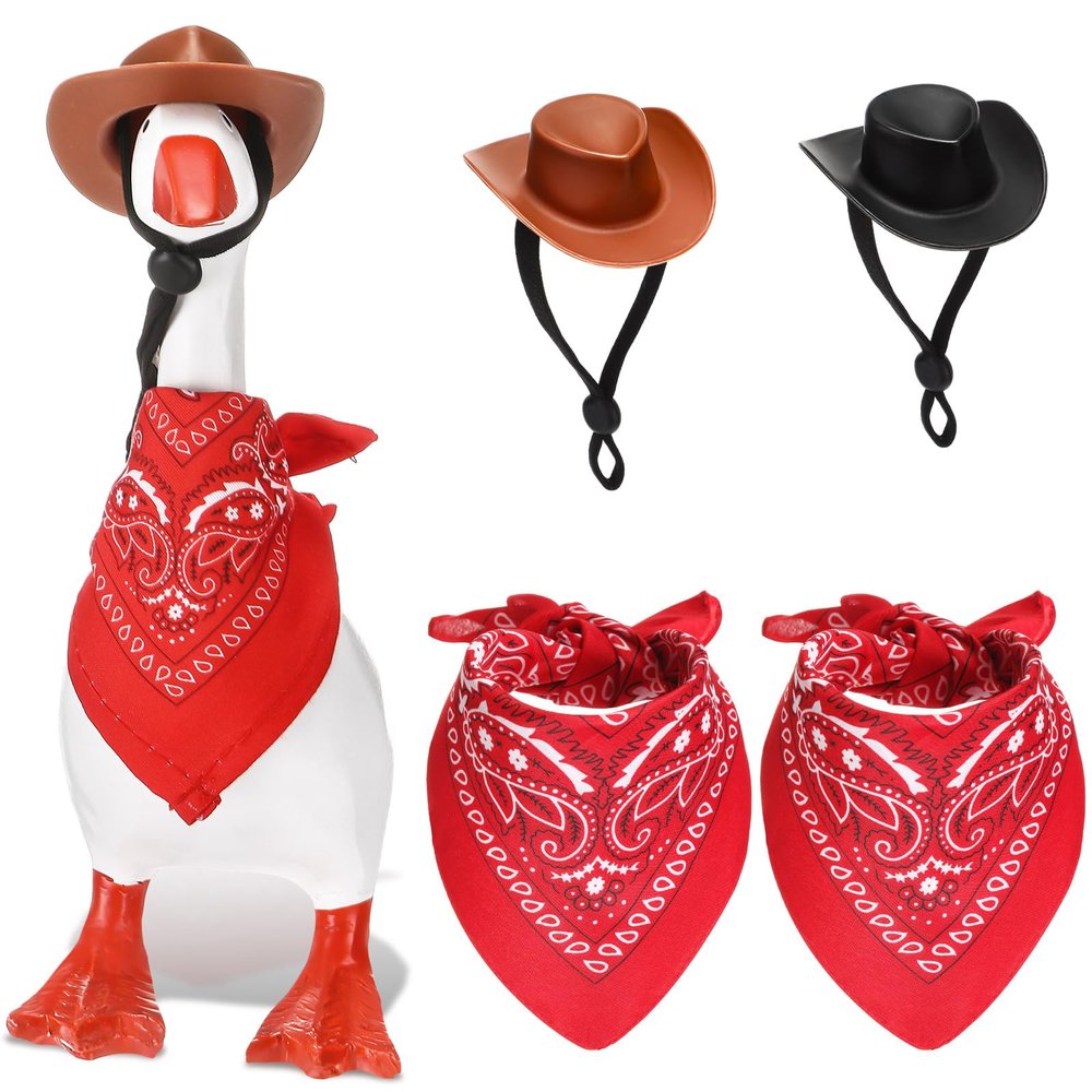 Abbylike 2 Set Western Cowboy Mini Desk Goose Outfits 7'' Magnetic Goose Statue Keychain Clothes for Table Decor(Black Brown Red)