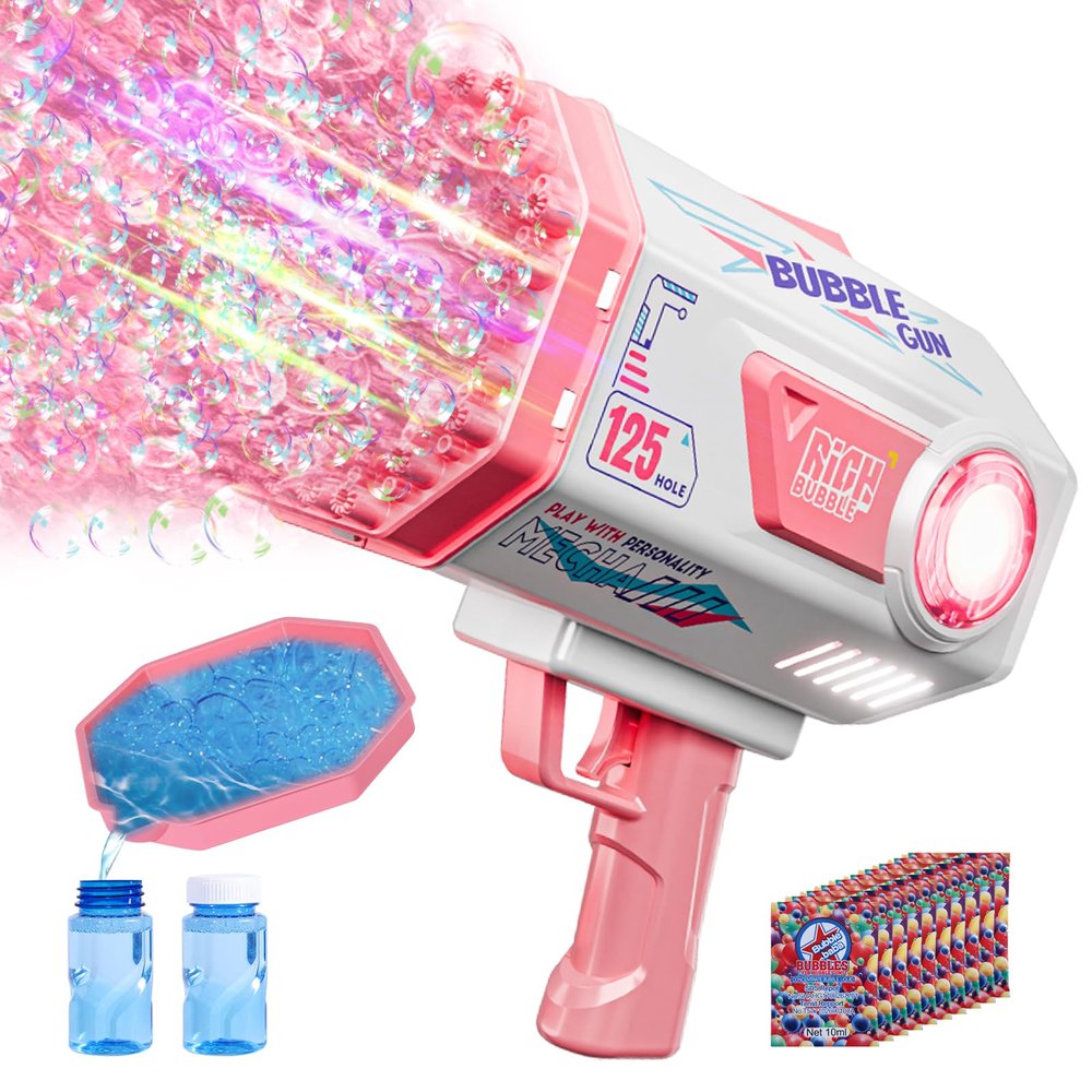 Deserthome Bubble Gun, Upgraded 125 Holes Bubble Guns for Wedding, Pink Bubble Machine for Kids Age 3 4 5 6 7 8 9 10 11 12 Year Old, Big Bubble Blower Gun with Lights, Easter Outdoor Party Favors