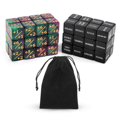 48pcs Abilities Keywords Counter Dice, Acrylic Creature Stats Buff Loyalty Dice Tokens Bulk with Velvet Pouch Magic Life Counters Set for TCG RPG Card Gaming Accessories
