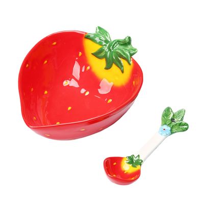 BRIGHTFUFU Strawberry Design Salad Bowl Boys and Girls Ceramic Bowl Spoon Boys and Girls Dinnerware Straw Straw Dinnerware