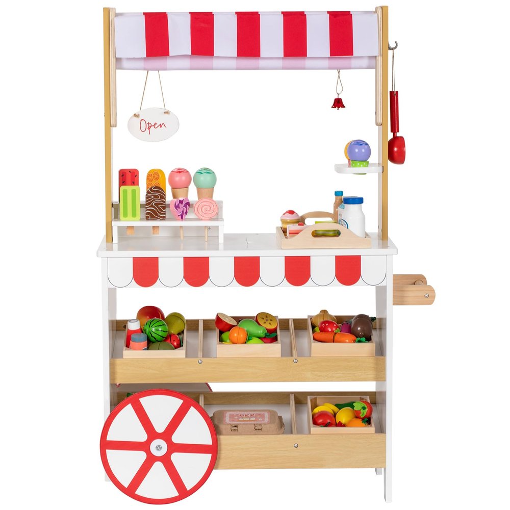 OHKIDS Ice Cream Cart Playset, 2 in 1 Wooden Grocery Store with Display Shelves, Large Wheels, Toddlers Pretend Play Food Truck, Kids Ice Cream Stand, Gift for Boys Girls Age 3+