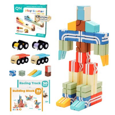 QBI Magnetic Blocks Play Starter Set4-in-1 STEM Building Blocks with 4 Cars & 3D Track TilesEducational Sensory Magnet ToysPreschool Montessori Toys for Kids Ages 3-5-8 Year Old Boys and Girls