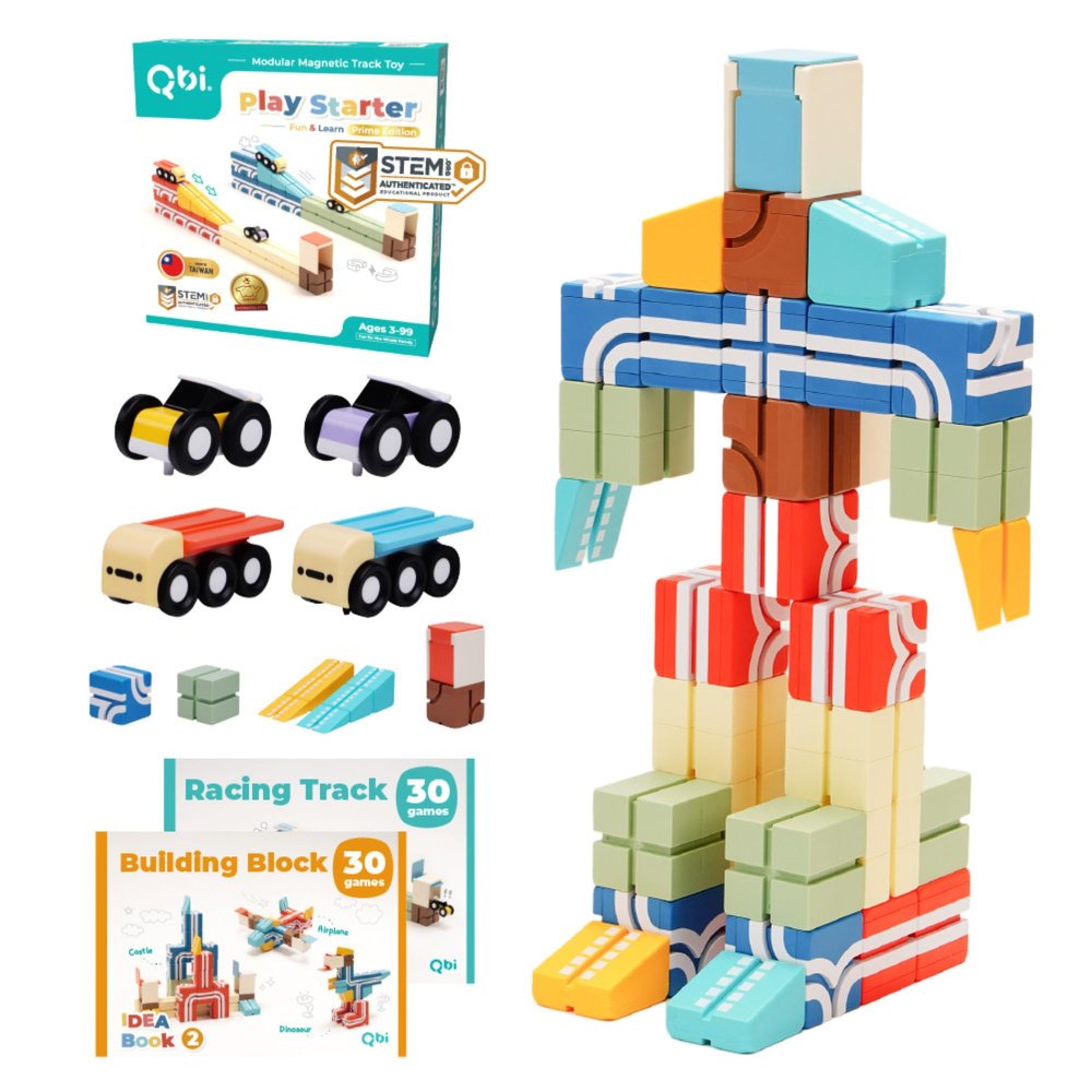 QBI Magnetic Blocks Play Starter Set4-in-1 STEM Building Blocks with 4 Cars & 3D Track TilesEducational Sensory Magnet ToysPreschool Montessori Toys for Kids Ages 3-5-8 Year Old Boys and Girls
