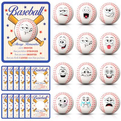 12 Set Funny Mini Face Baseball Stress Balls with Inspirational Cards for Boys Girls, Baseball Party Favors Foam Baseballs Toys for Stress and Anxiety Relief Balls for Party Favors Birthday Gift Decor