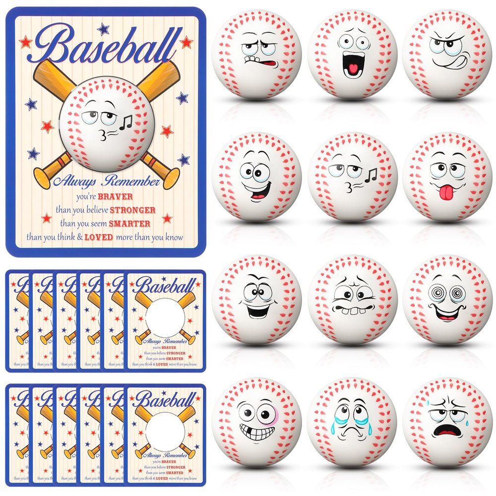 12 Set Funny Mini Face Baseball Stress Balls with Inspirational Cards for Boys Girls, Baseball Party Favors Foam Baseballs Toys for Stress and Anxiety Relief Balls for Party Favors Birthday Gift Decor