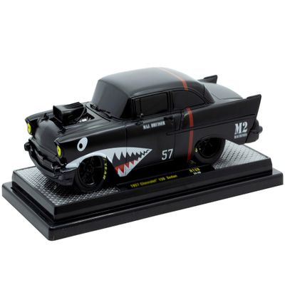 1957 150 Sedan Maj. Bruiser Matt Black with Red Stripe and Shark Mouth Graphics Limited Edition to 6650 Pieces Worldwide 1/24 Diecast Model Car by M2 40300-128A