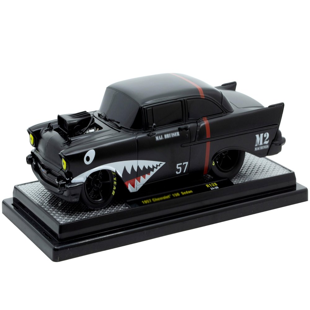 1957 150 Sedan Maj. Bruiser Matt Black with Red Stripe and Shark Mouth Graphics Limited Edition to 6650 Pieces Worldwide 1/24 Diecast Model Car by M2 40300-128A