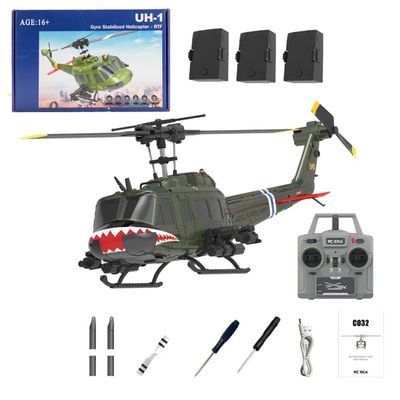 C032 UH-1 Huey RC Helicopter for Adults, 1/48 Scale 2.4G 6CH Flybarless Stunt RC Plane 6-Axis Gyroscope Optical Flow Positioning, TOF Lidar Height Setting for Beginners (Shark Mouth(3 Batteries))