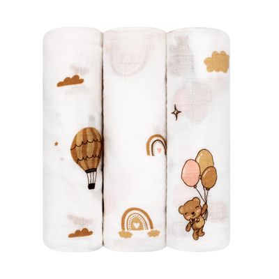 100% Muslin Cotton Baby Receiving Cloths, 3-Pack, 27x27 in (70x70cm), Soft & Gentle for Newborns, Sensitive Skin Safe, For Feeding, Burping & Comfort, 0+ Months (Teddy Bear/Rainbow/Hot Air Balloon)