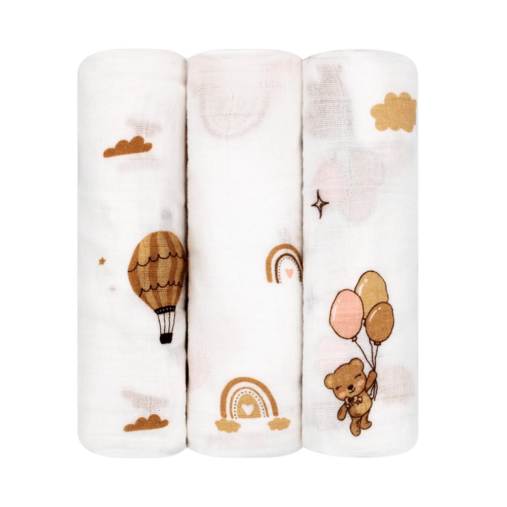 100% Muslin Cotton Baby Receiving Cloths, 3-Pack, 27x27 in (70x70cm), Soft & Gentle for Newborns, Sensitive Skin Safe, For Feeding, Burping & Comfort, 0+ Months (Teddy Bear/Rainbow/Hot Air Balloon)