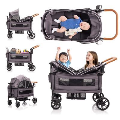 SPWVIP Stroller Wagon for 2 Kids- Lightweight Travel Folding Push Pull Baby Wagon for Newborn&Toddler with 5-Point Harness,Adjustable Canopy,Tray Table,Cup Holder,Storage Pocketsets (Grey)