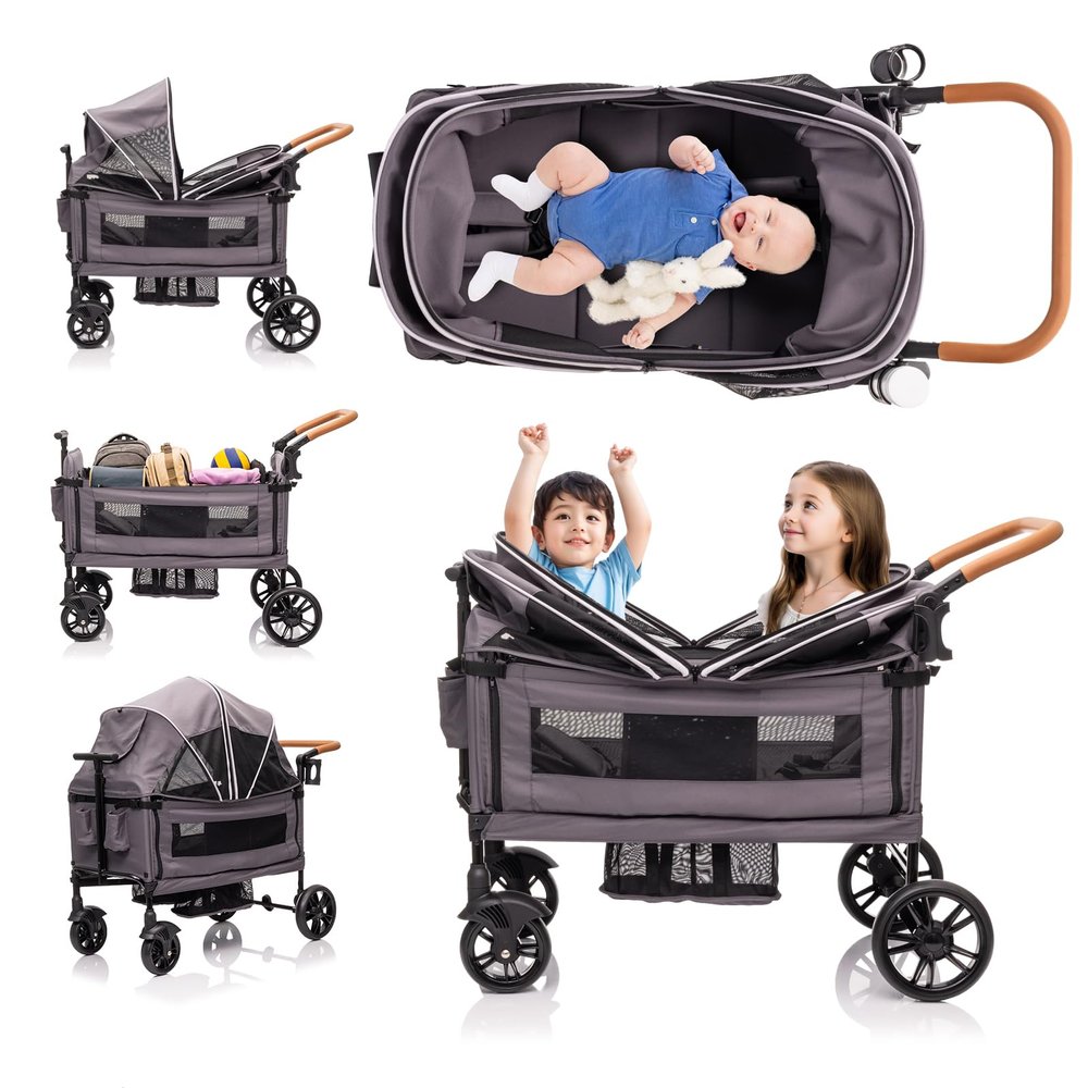 SPWVIP Stroller Wagon for 2 Kids- Lightweight Travel Folding Push Pull Baby Wagon for Newborn&Toddler with 5-Point Harness,Adjustable Canopy,Tray Table,Cup Holder,Storage Pocketsets (Grey)