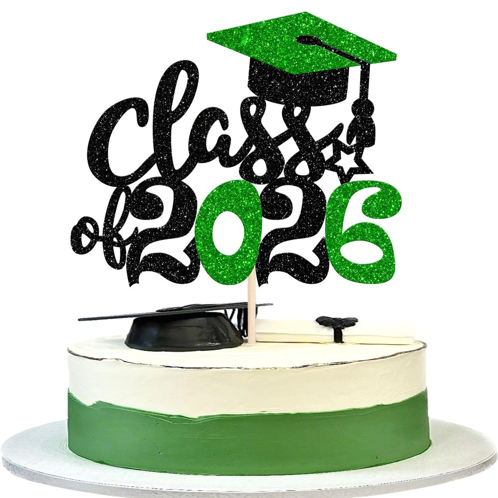 1 Pack 2026 Graduation Cake Topper Glitter Grad Cap Diploma 2026 Senior Cake Pick for School Graduation Theme Party Cupcake Decoration Supplies Green Black