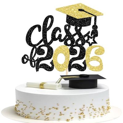 1 Pack 2026 Graduation Cake Topper Glitter Grad Cap Diploma 2026 Senior Cake Pick for School Graduation Theme Party Cupcake Decoration Supplies Gold Black