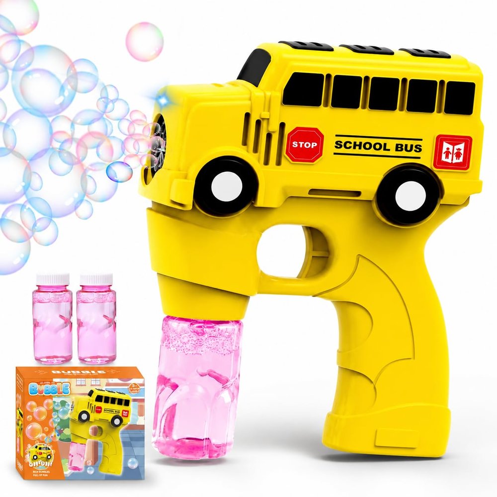 Bubble Gun for Kids Toddlers, School Bus Automatic Bubble Machine with LED Lights, 2 Bubble Solutions Included, Outdoor Toys for Boys Girls 3-8, Birthday Easter Christmas Party Gifts