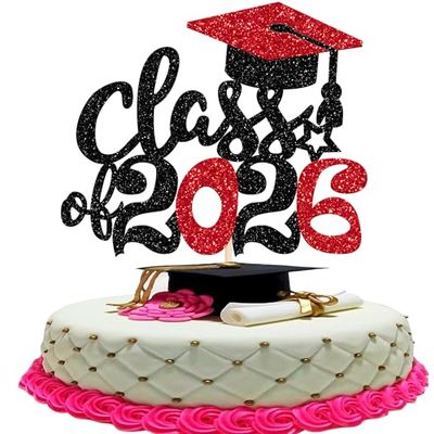 1 Pack 2026 Graduation Cake Topper Glitter Grad Cap Diploma 2026 Senior Cake Pick for School Graduation Theme Party Cupcake Decoration Supplies Red Black