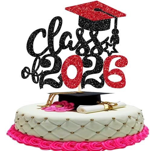 1 Pack 2026 Graduation Cake Topper Glitter Grad Cap Diploma 2026 Senior Cake Pick for School Graduation Theme Party Cupcake Decoration Supplies Red Black