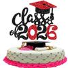 1 Pack 2026 Graduation Cake Topper Glitter Grad Cap Diploma 2026 Senior Cake Pick for School Graduation Theme Party Cupcake Decoration Supplies Red Black view 1
