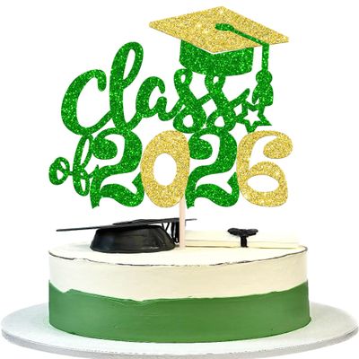1 Pack 2026 Graduation Cake Topper Glitter Grad Cap Diploma 2026 Senior Cake Pick for School Graduation Theme Party Cupcake Decoration Supplies Gold Green