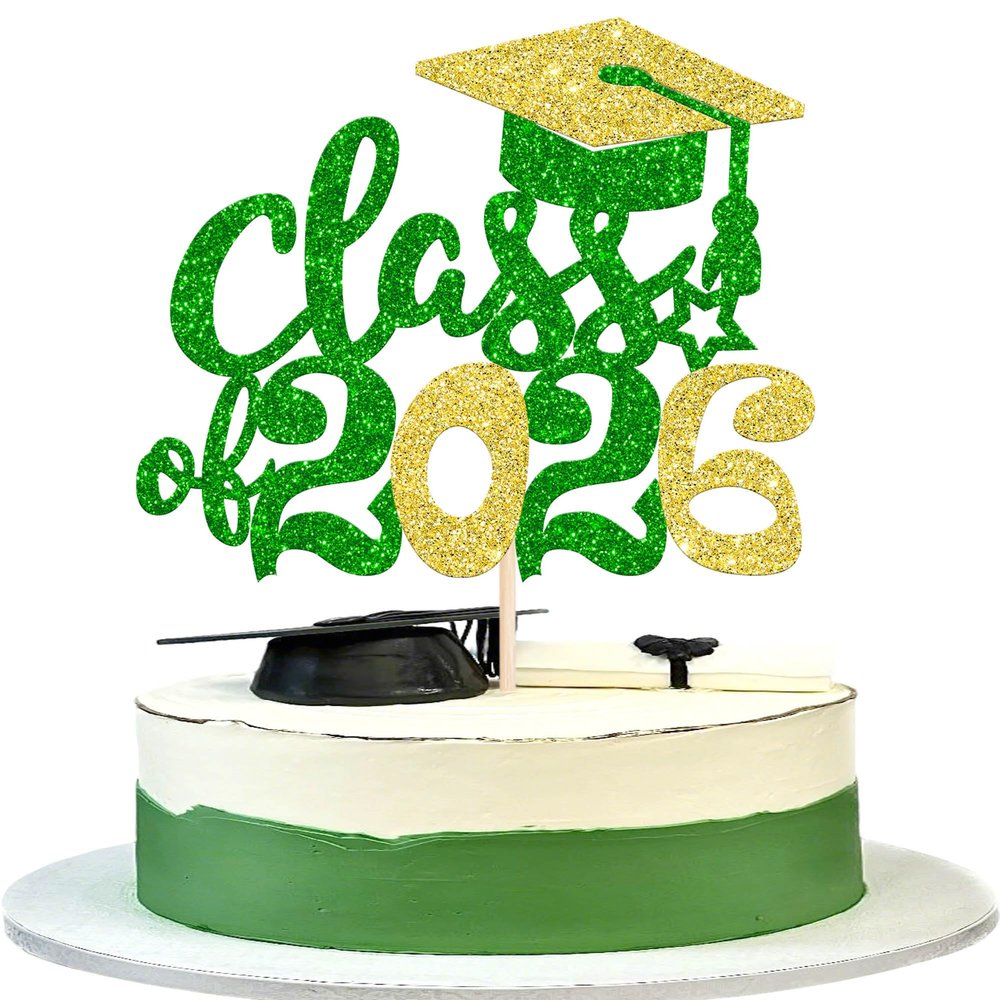 1 Pack 2026 Graduation Cake Topper Glitter Grad Cap Diploma 2026 Senior Cake Pick for School Graduation Theme Party Cupcake Decoration Supplies Gold Green