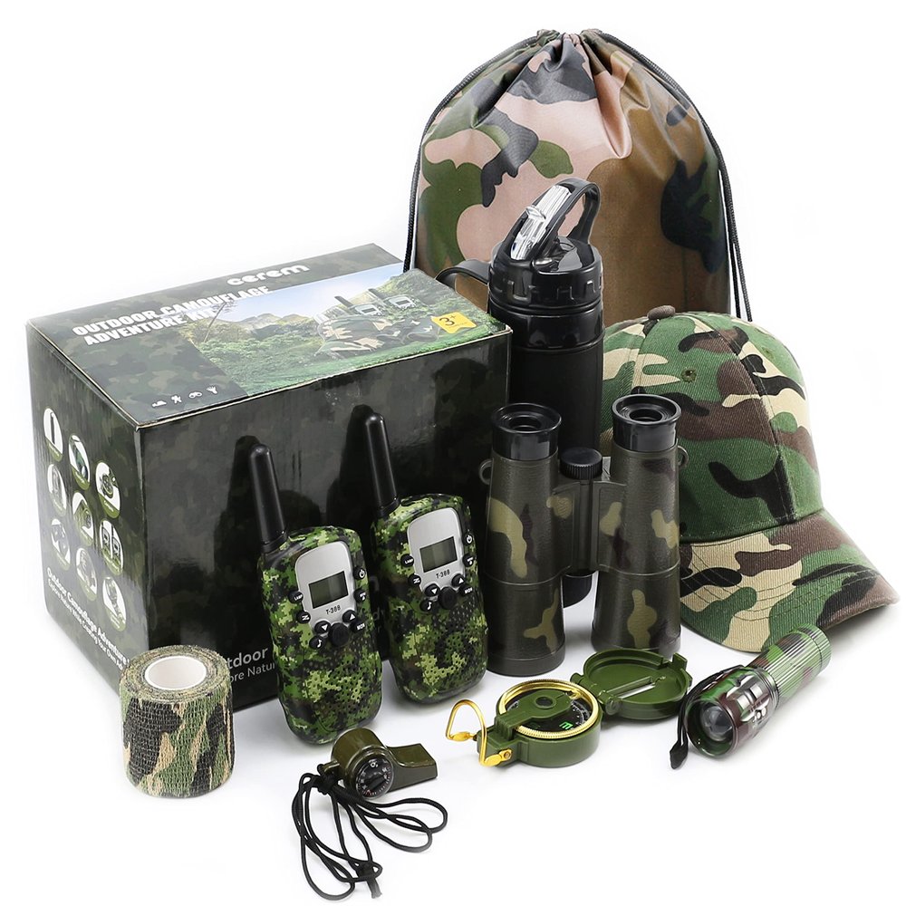 CEREM Kids Explorer Kit - 10-in-1 Nature Explore Set with Walkie Talkies, Binoculars, Compass, LED Flashlight - Outdoor Adventure Kit for Boys and Girls - Complete Camping Gear Bundle