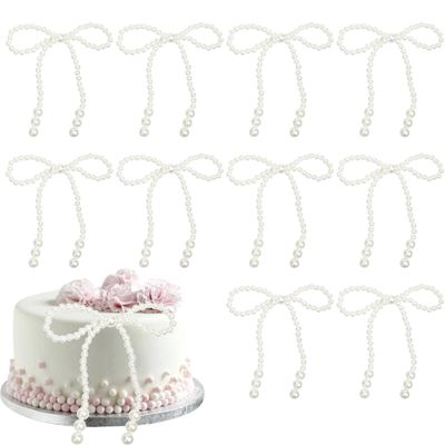 12 PCS Pearl Bow Cake Toppers Bowknot Birthday Decorations Pearl Bows Cupcake Toppers Bowknot Cake Decorations for Bow Themed Wedding Bridal Shower Birthday Baby Shower Party Supplies White