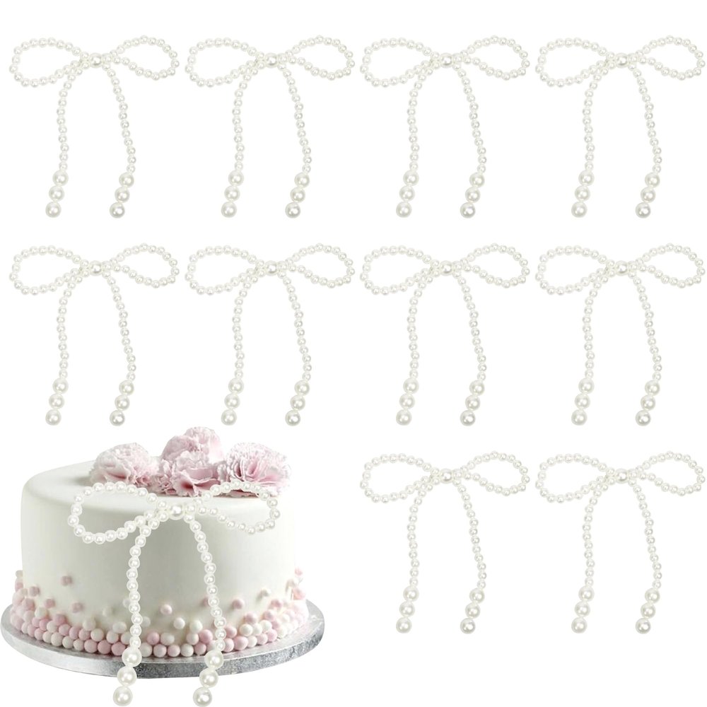 12 PCS Pearl Bow Cake Toppers Bowknot Birthday Decorations Pearl Bows Cupcake Toppers Bowknot Cake Decorations for Bow Themed Wedding Bridal Shower Birthday Baby Shower Party Supplies White