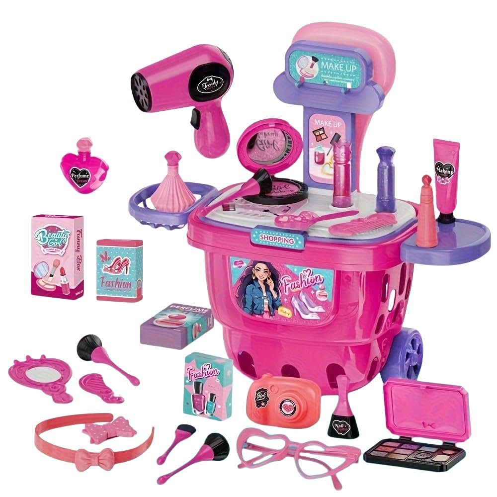 36 Luxury Fashion Makeup and Styling Sets for Kids, Including Makeup and Hair Sets with Luggage, hairdryer, Brushes, Lipstick, Mirror and Bobby pins - Educational Toys for Girls Over 3 Years Old.