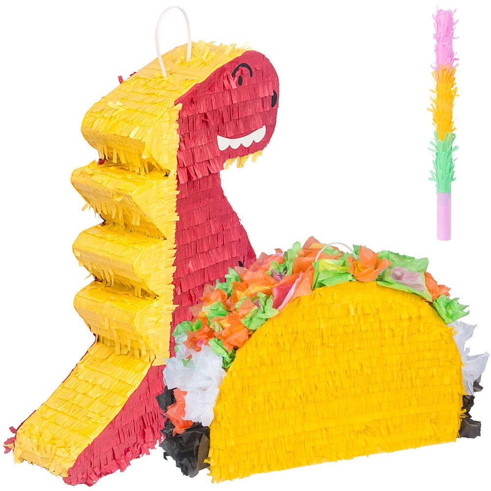 2 Set of Piata (Taco+Dinosaur) - Party Supplies Piata Bundle for Boys Kids Gaming Theme Birthday Party Game Carnival Activity Decorations