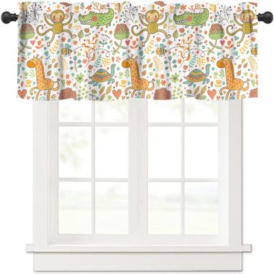 JanJCurt Cute Monkey Valance, Cartoon Zoo Funny Animals Giraffe Turtle Flowers Leaves Thermal Insulation Blackout Short Window Curtain for Kids Boys Girls Baby Bedroom Living Room, 54x18inch